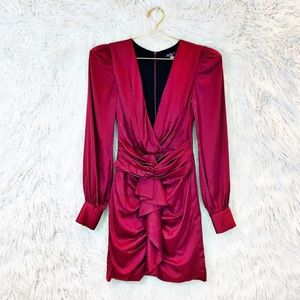 PatBo red satin long sleeve ruched mini dress